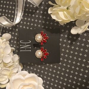 INC Red Crystal Rhinetones & Pearl Button Earrings NWT